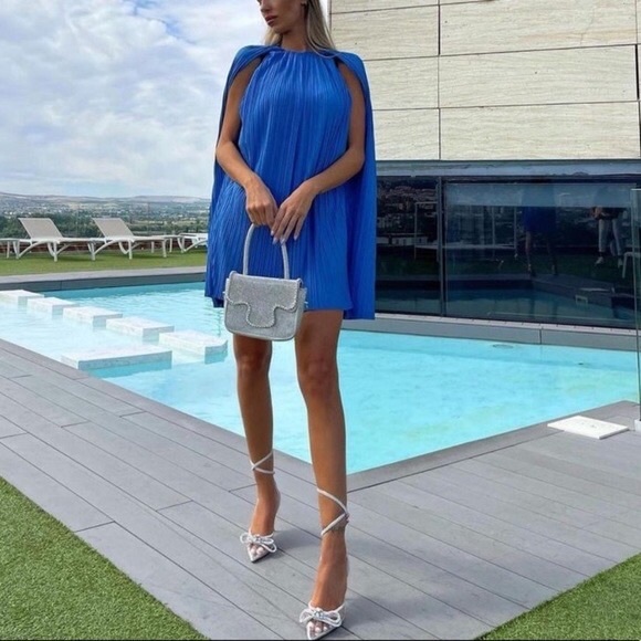 NWT Zara Blue Pleated Cape Dress size Small - Picture 1 of 10